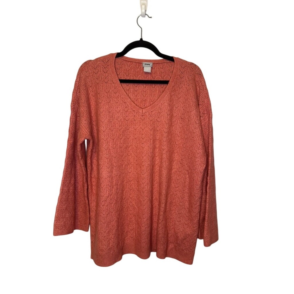 Chicos V Neck Orange Textured Knit Sweater Size 2